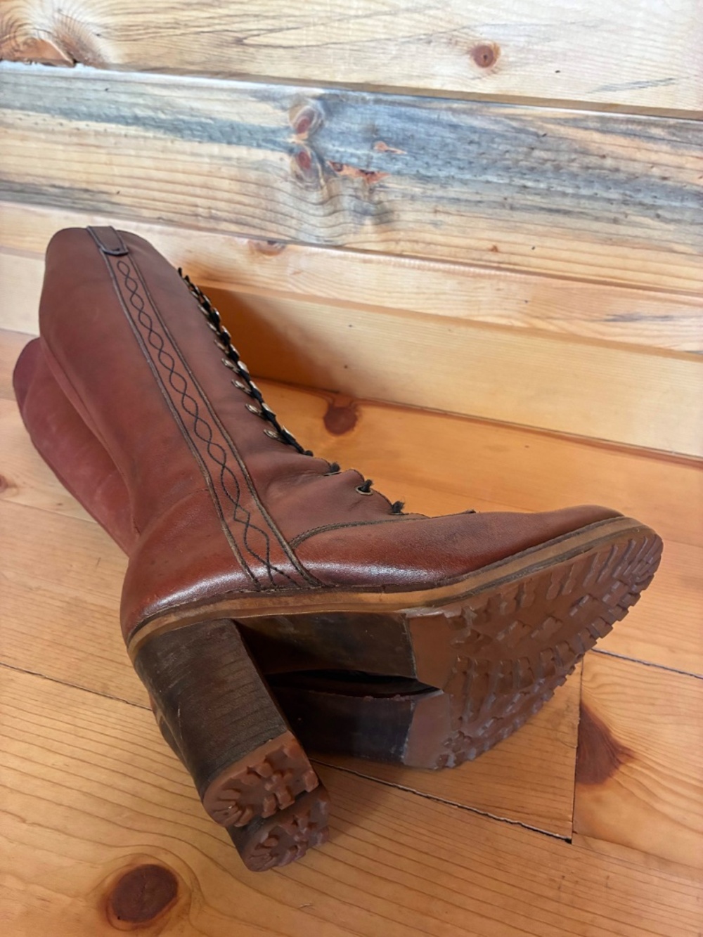 1970's Lace Up Campus Boots tall brown leather - Picture 12 of 13